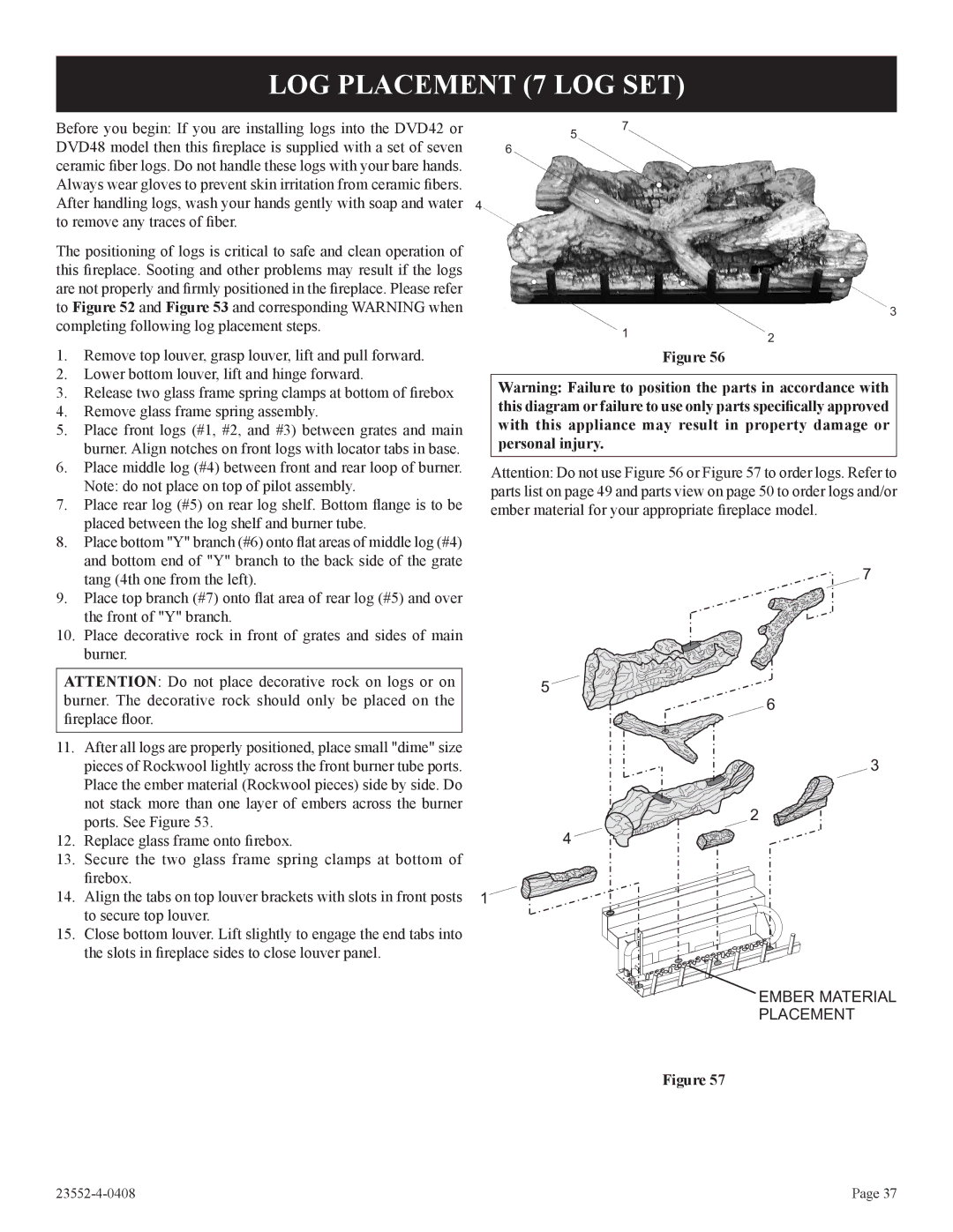 Empire Comfort Systems 1, DVD32FP3, 3)(N installation instructions LOG Placement 7 LOG SET 