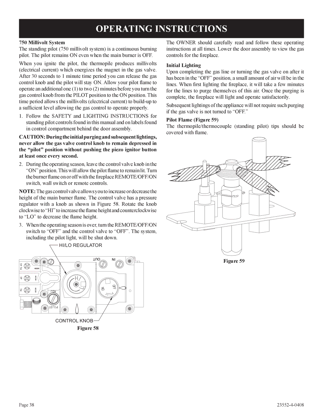 Empire Comfort Systems DVD32FP3, 1, 3)(N Operating Instructions, Millivolt System, Initial Lighting, Pilot Flame Figure 