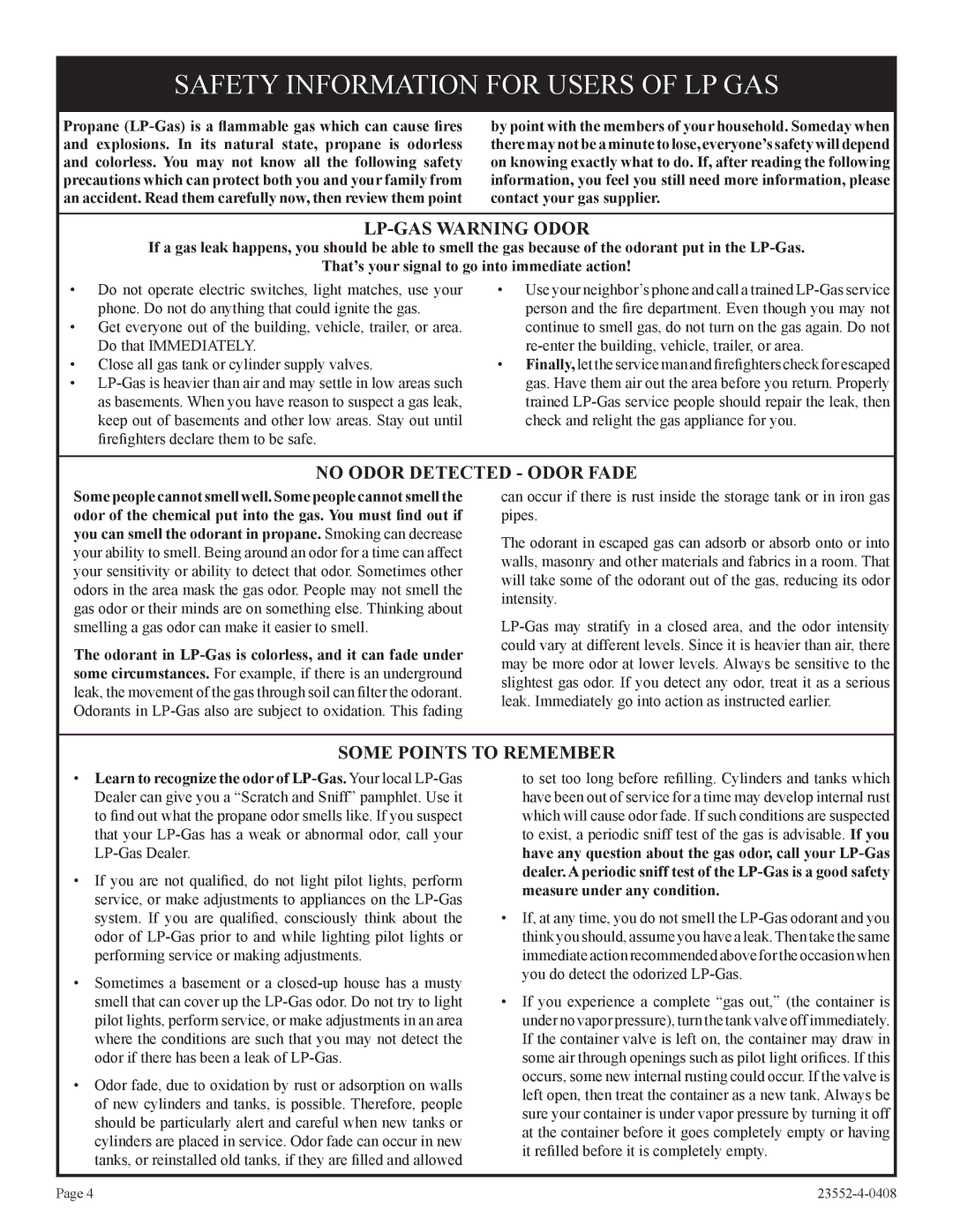 Empire Comfort Systems 1, DVD32FP3, 3)(N Safety Information for Users of LP GAS, LP-GAS Warning Odor 