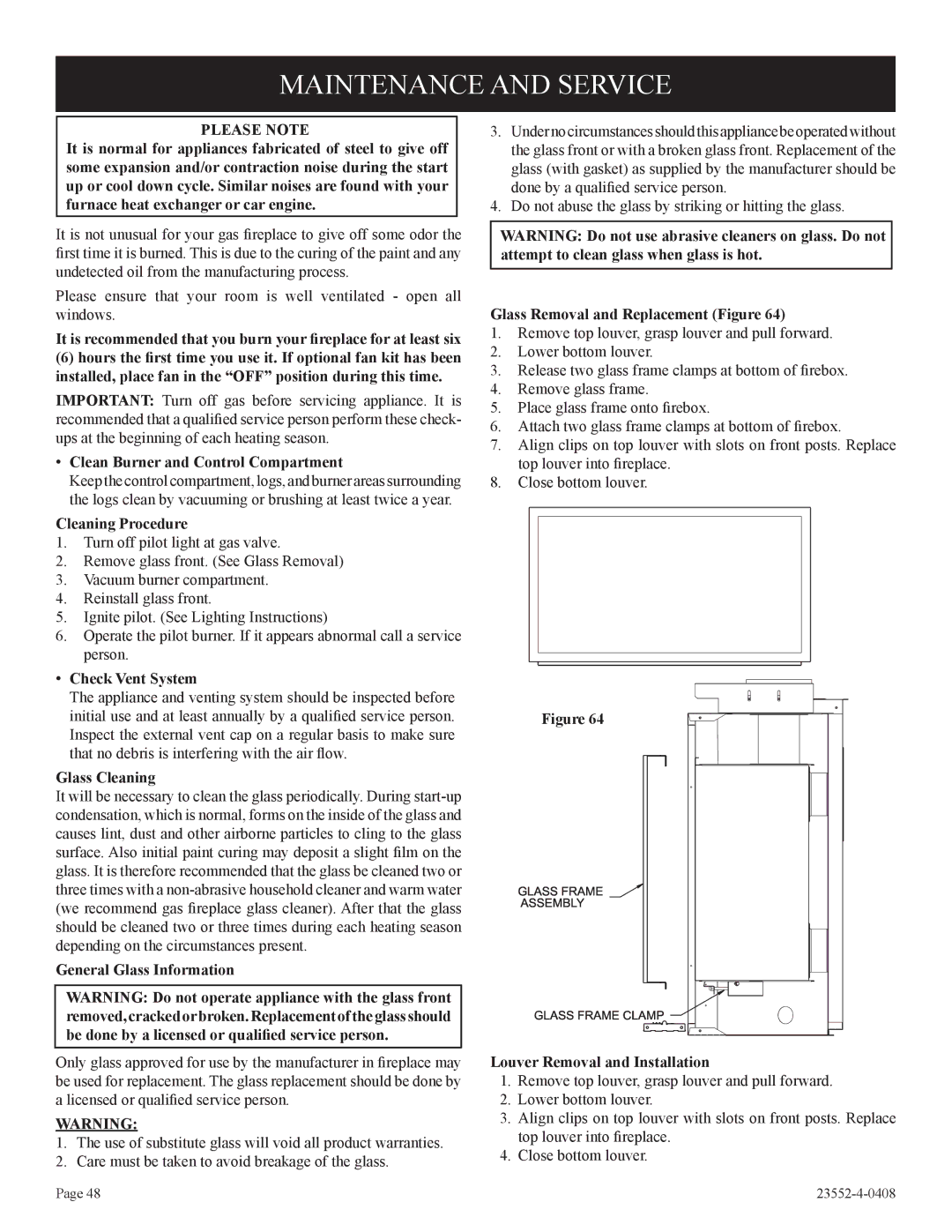 Empire Comfort Systems 1, DVD32FP3, 3)(N installation instructions Maintenance and Service, Please Note 