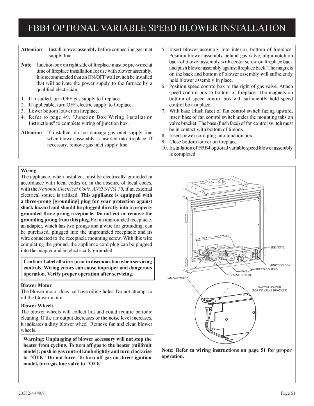 Empire Comfort Systems 3)(N, 1, 2 FBB4 Optional Variable Speed Blower Installation, Wiring, Blower Motor, Blower Wheels 