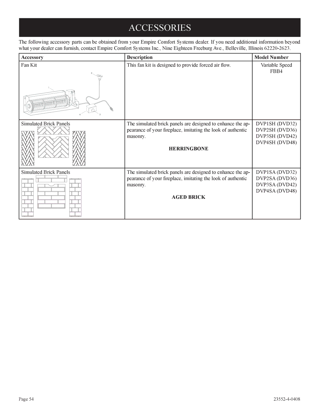 Empire Comfort Systems DVD32FP3, 1, 3)(N Accessories, Accessory Description Model Number, Herringbone, Aged Brick 