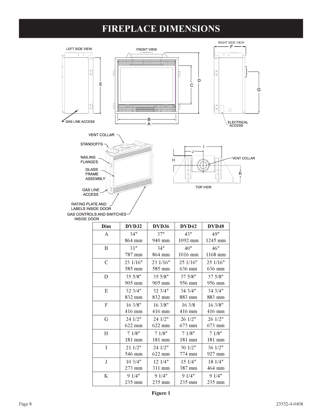 Empire Comfort Systems 1, DVD32FP3, 3)(N installation instructions Fireplace Dimensions, DVD32 DVD36 DVD42 DVD48 