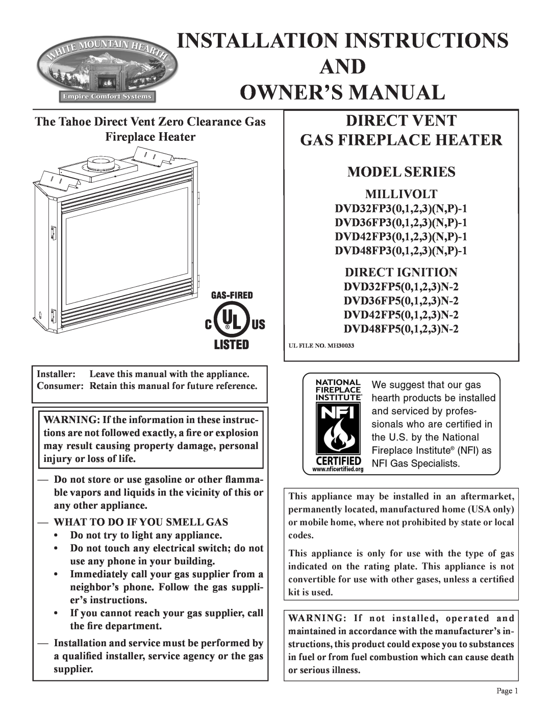 Empire Comfort Systems 2 installation instructions The Tahoe Direct Vent Zero Clearance Gas, Fireplace Heater, Millivolt 