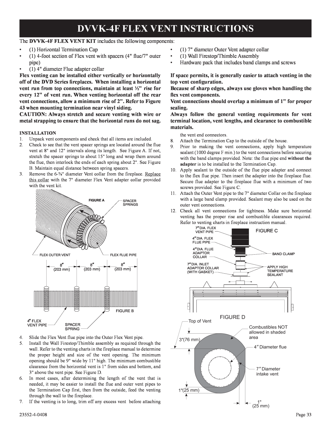 Empire Comfort Systems 2, 3)(N DVVK-4FFLEX VENT INSTRUCTIONS, Horizontal Termination Cap, 1 4 diameter Flue adapter collar 