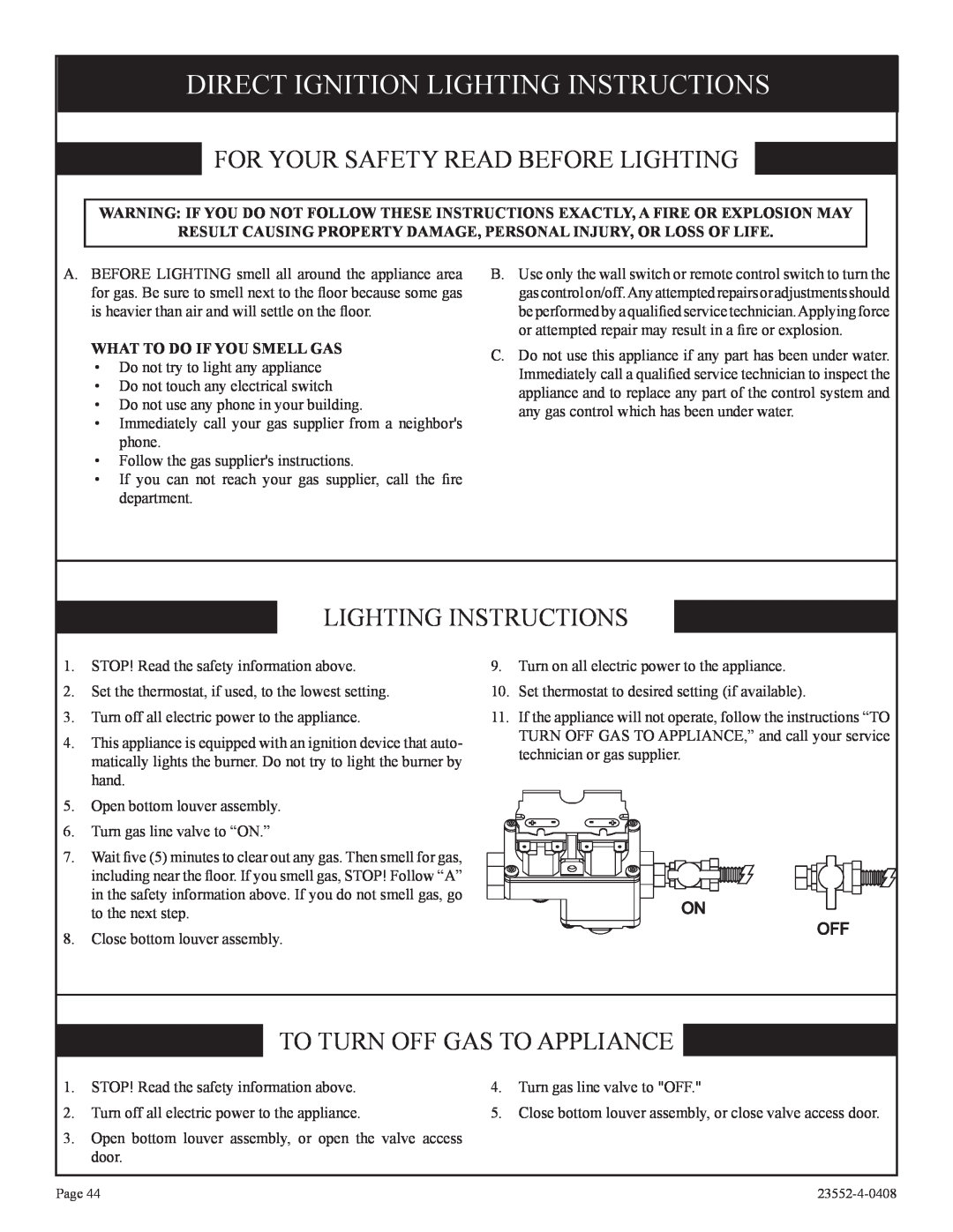Empire Comfort Systems 1, DVD32FP3, 3)(N Direct Ignition Lighting Instructions, To Turn Off Gas To Appliance, On Off 