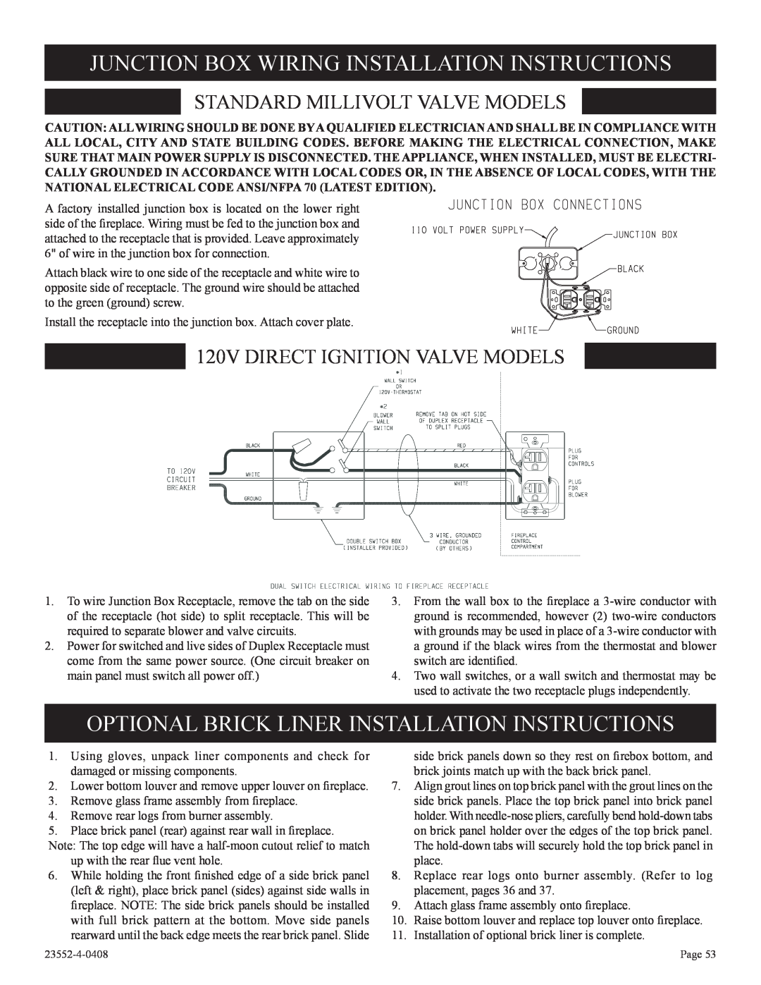 Empire Comfort Systems 2, 1 Junction Box Wiring Installation Instructions, Optional Brick Liner Installation Instructions 