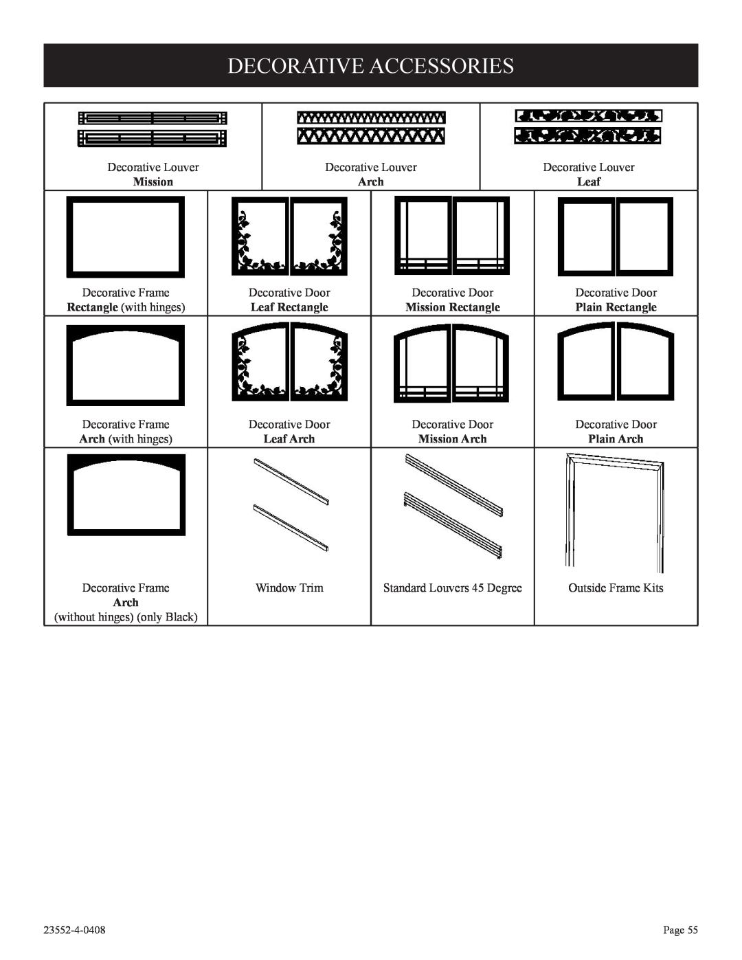 Empire Comfort Systems 3)(N, 1, 2 Decorative Accessories, Arch, Leaf Rectangle, Mission Rectangle, Plain Rectangle 