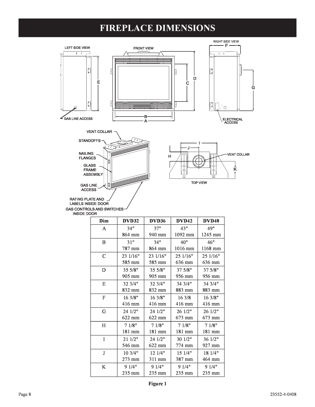 Empire Comfort Systems 1, DVD32FP3, 3)(N installation instructions Fireplace Dimensions, DVD36, DVD42, DVD48 