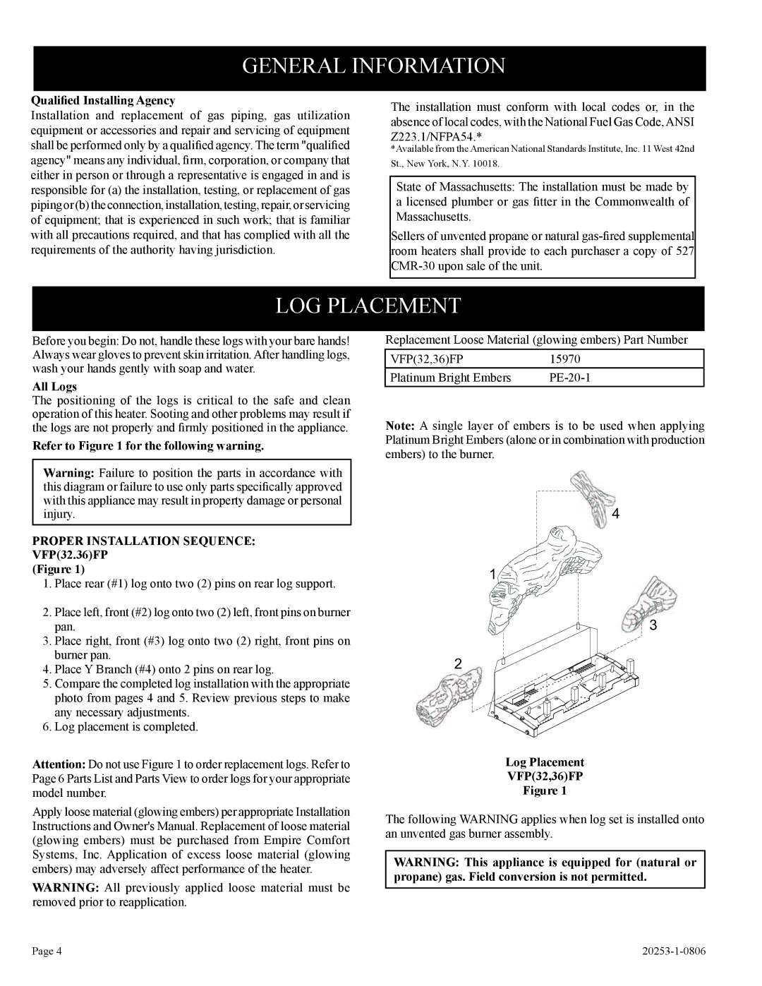 Empire Comfort Systems 21, 30 installation instructions General Information, LOG Placement 