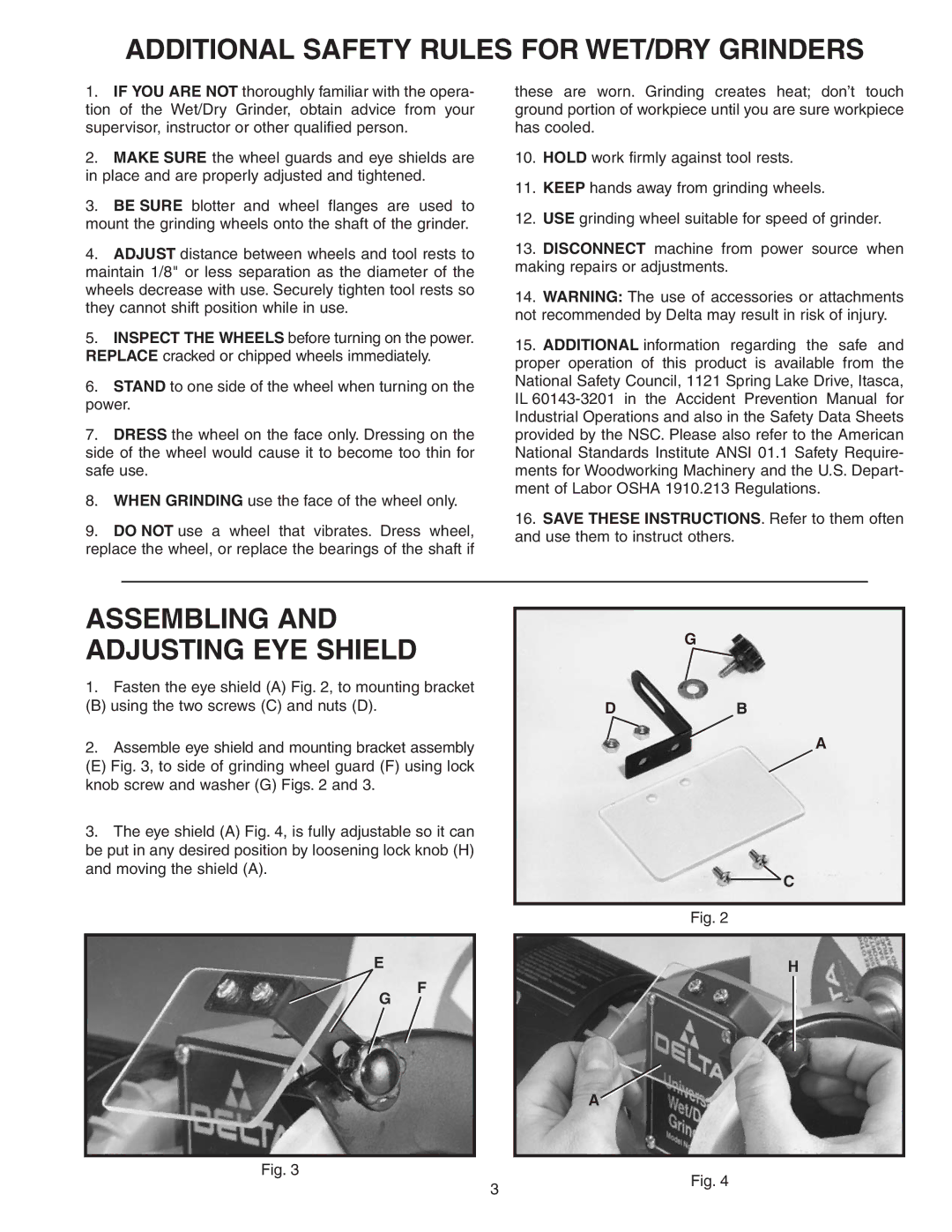 Empire Comfort Systems 23-700 Additional Safety Rules for WET/DRY Grinders, Assembling and Adjusting EYE Shield 