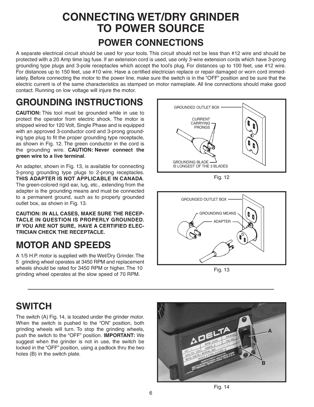 Empire Comfort Systems 23-700 Connecting WET/DRY Grinder To Power Source, Power Connections, Grounding Instructions 