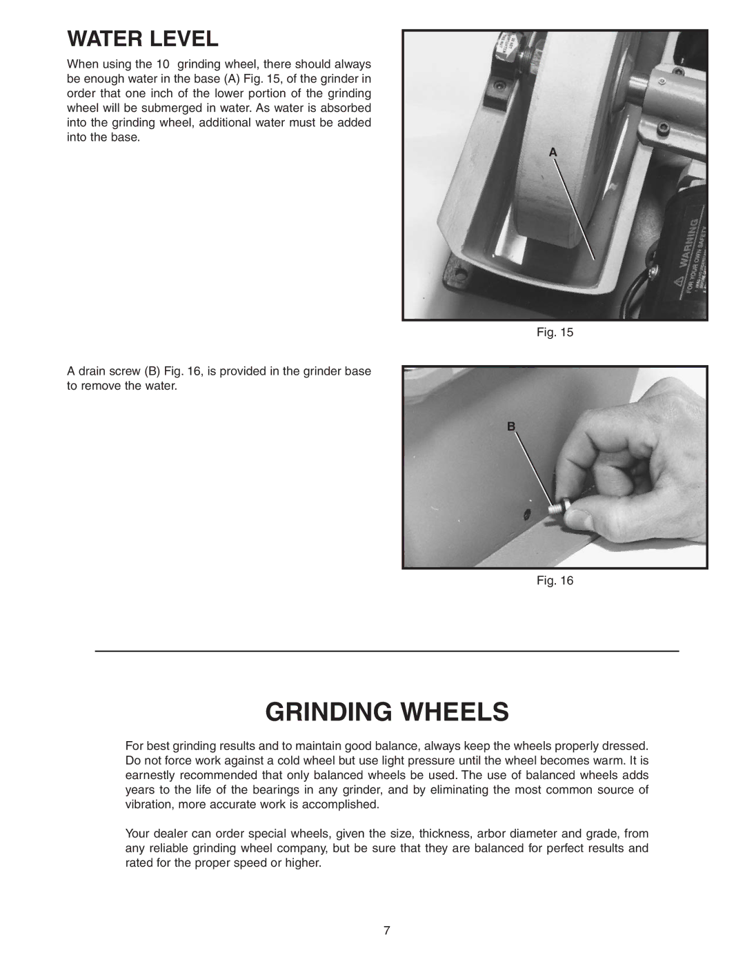 Empire Comfort Systems 23-700 instruction manual Grinding Wheels, Water Level 