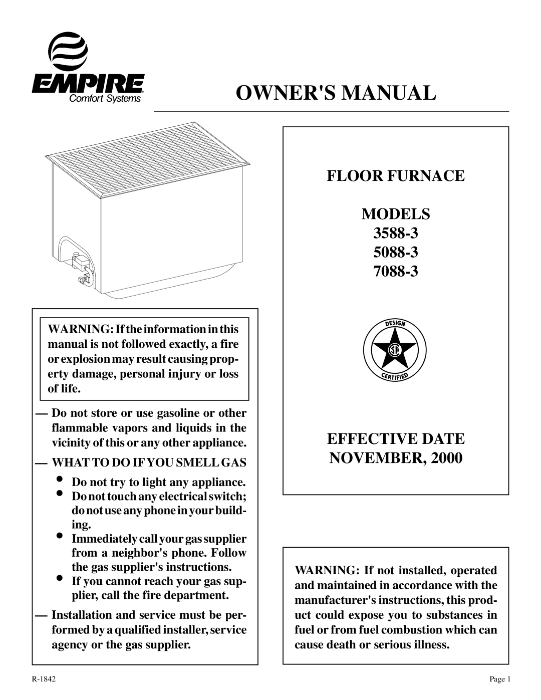 Empire Comfort Systems 7088-3 owner manual Floor Furnace Models, Effective Date November, What to do if YOU Smell GAS 