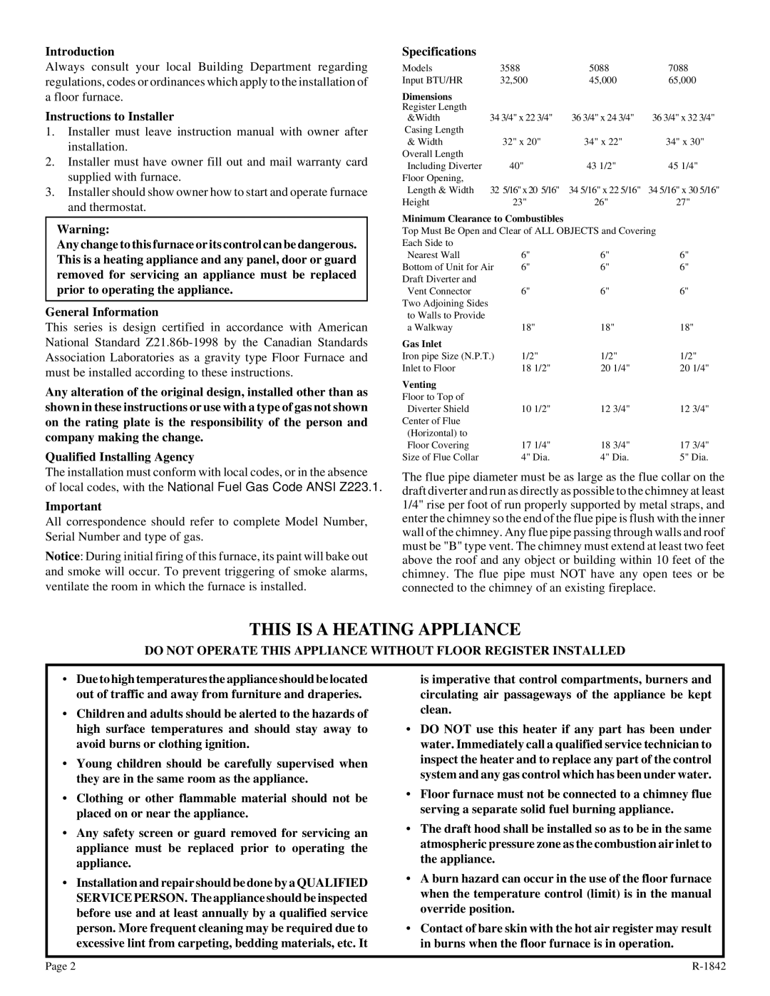 Empire Comfort Systems 5088-3, 3588-3, 7088-3 owner manual This is a Heating Appliance, Introduction 