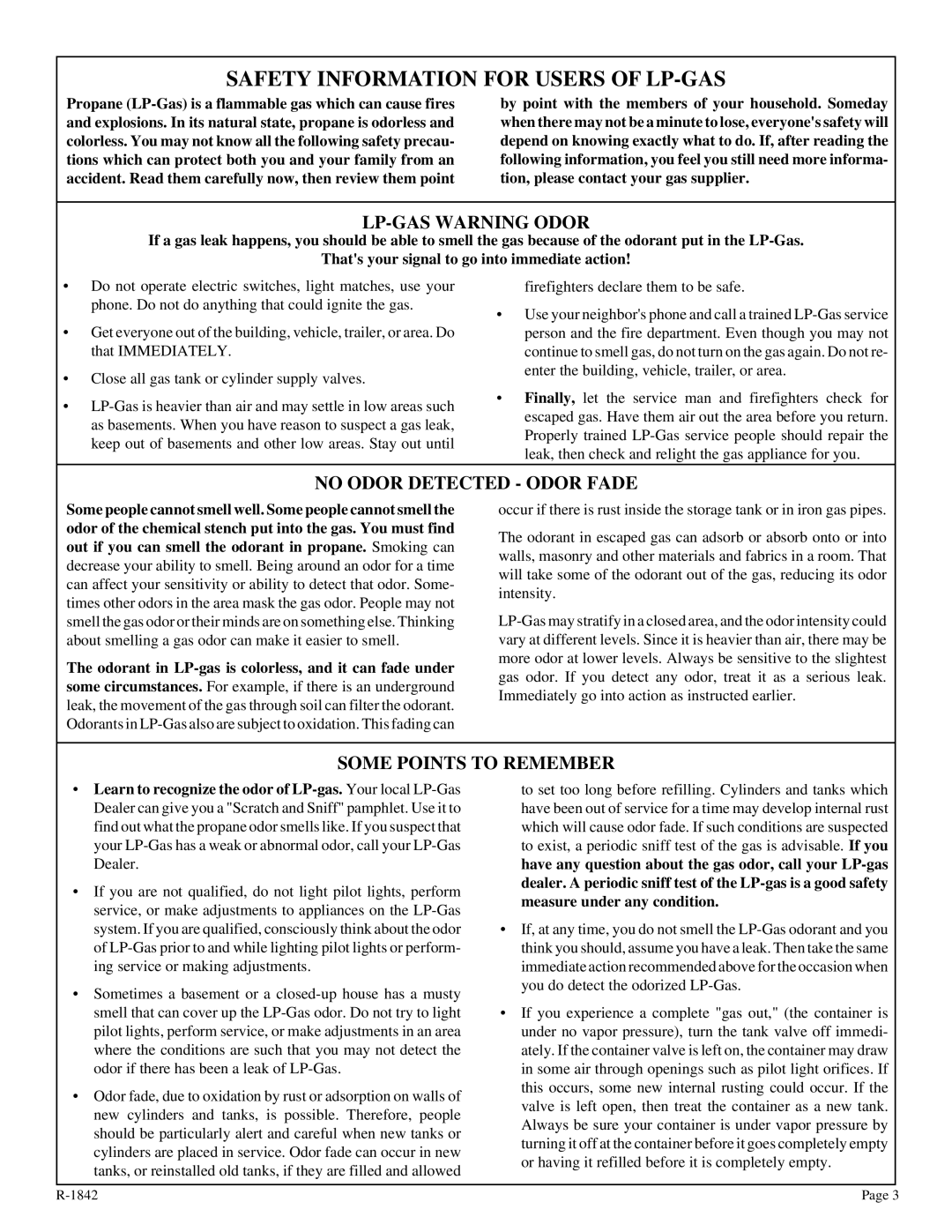 Empire Comfort Systems 3588-3 Safety Information for Users of LP-GAS, LP-GAS Warning Odor, No Odor Detected Odor Fade 