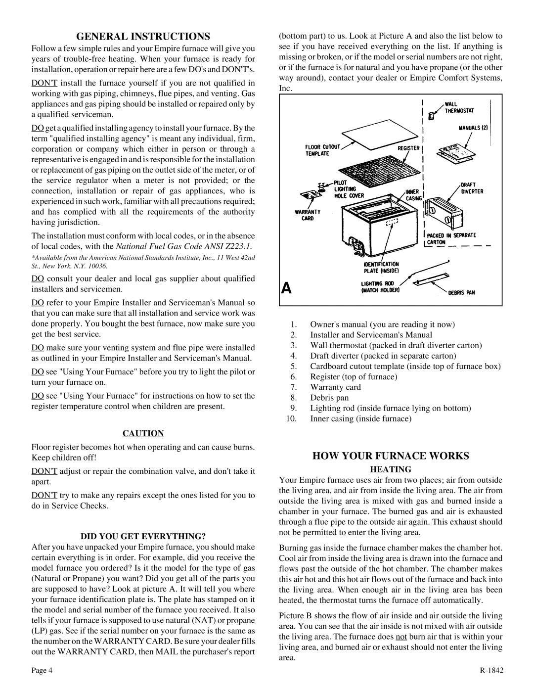 Empire Comfort Systems 7088-3, 3588-3 General Instructions, HOW Your Furnace Works, Did YOU GET EVERYTHING?, Heating 