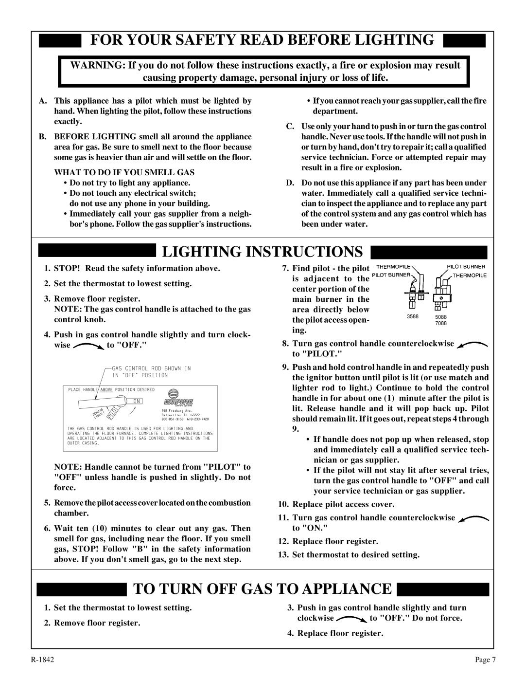 Empire Comfort Systems 7088-3 For Your Safety Read Before Lighting, Lighting Instructions, To Turn OFF GAS to Appliance 