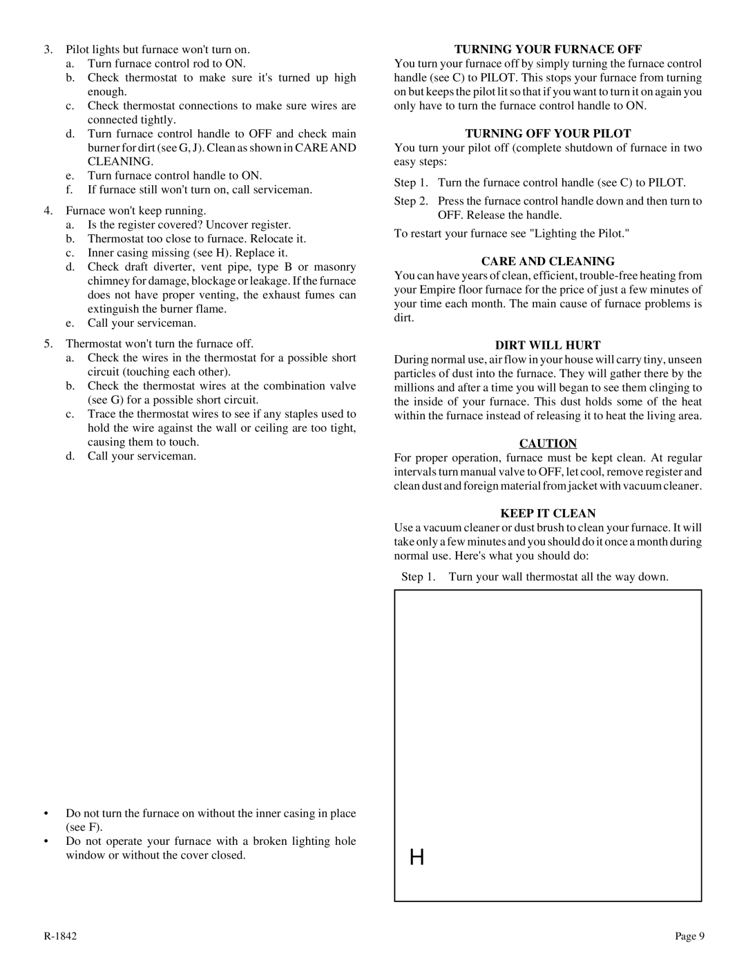 Empire Comfort Systems 3588-3, 7088-3 Turning Your Furnace OFF, Turning OFF Your Pilot, Care and Cleaning, Dirt will Hurt 