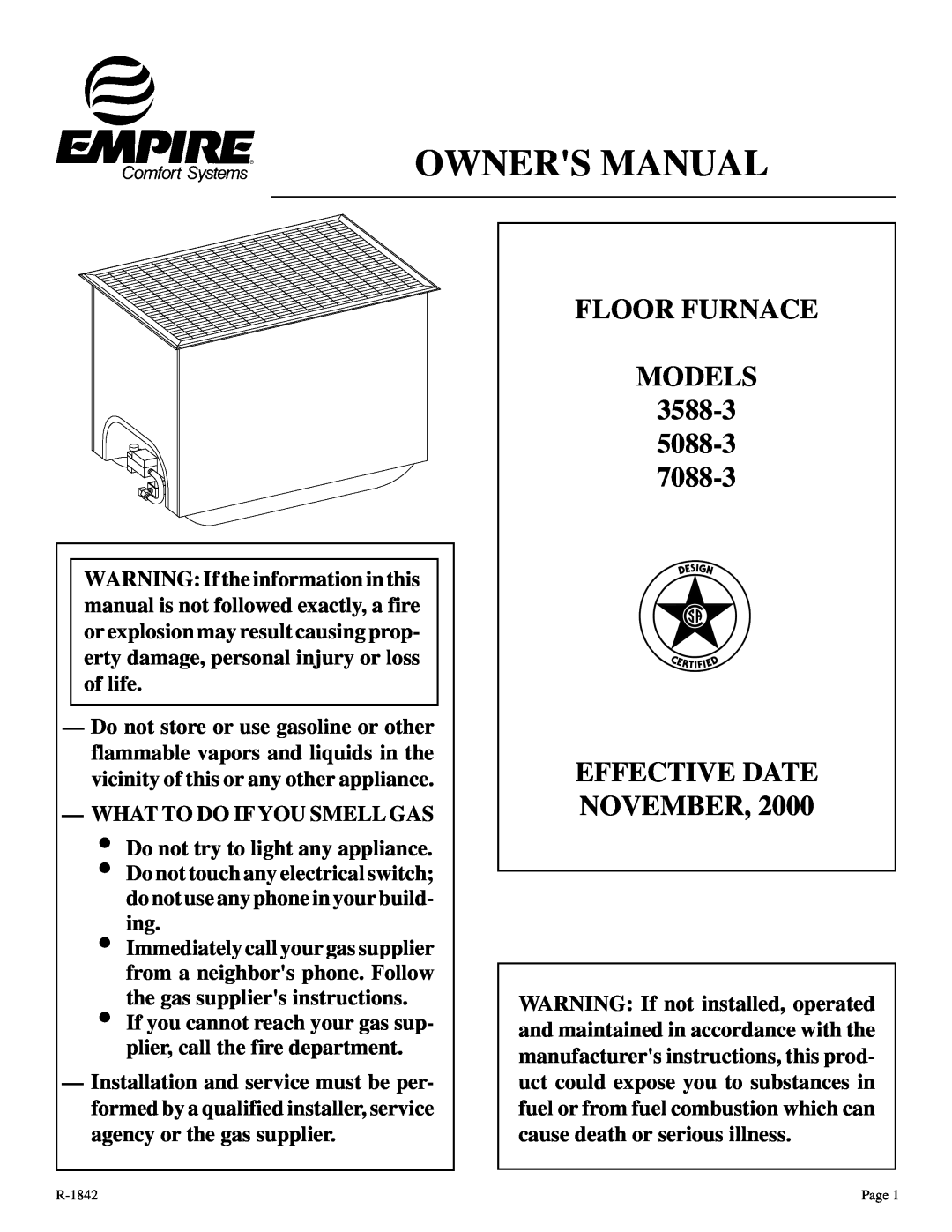 Empire Comfort Systems 7088-3, 3588-3, 5088-3 owner manual Floor Furnace Models, Effective Date November 
