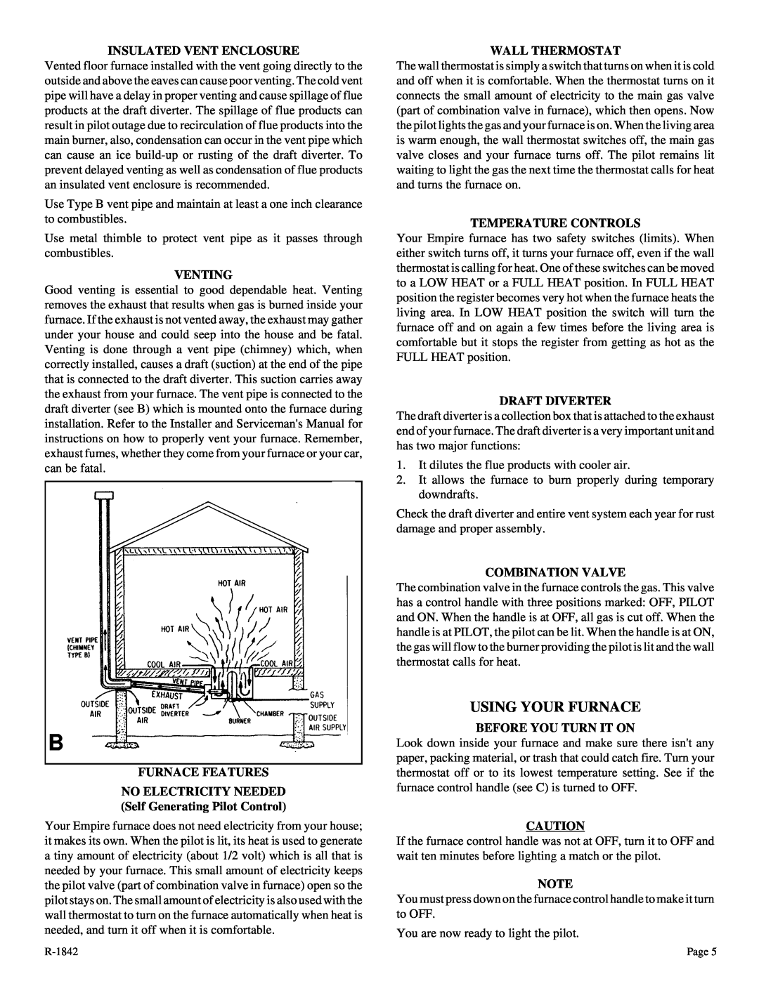 Empire Comfort Systems 5088-3, 3588-3, 7088-3 owner manual Using Your Furnace 