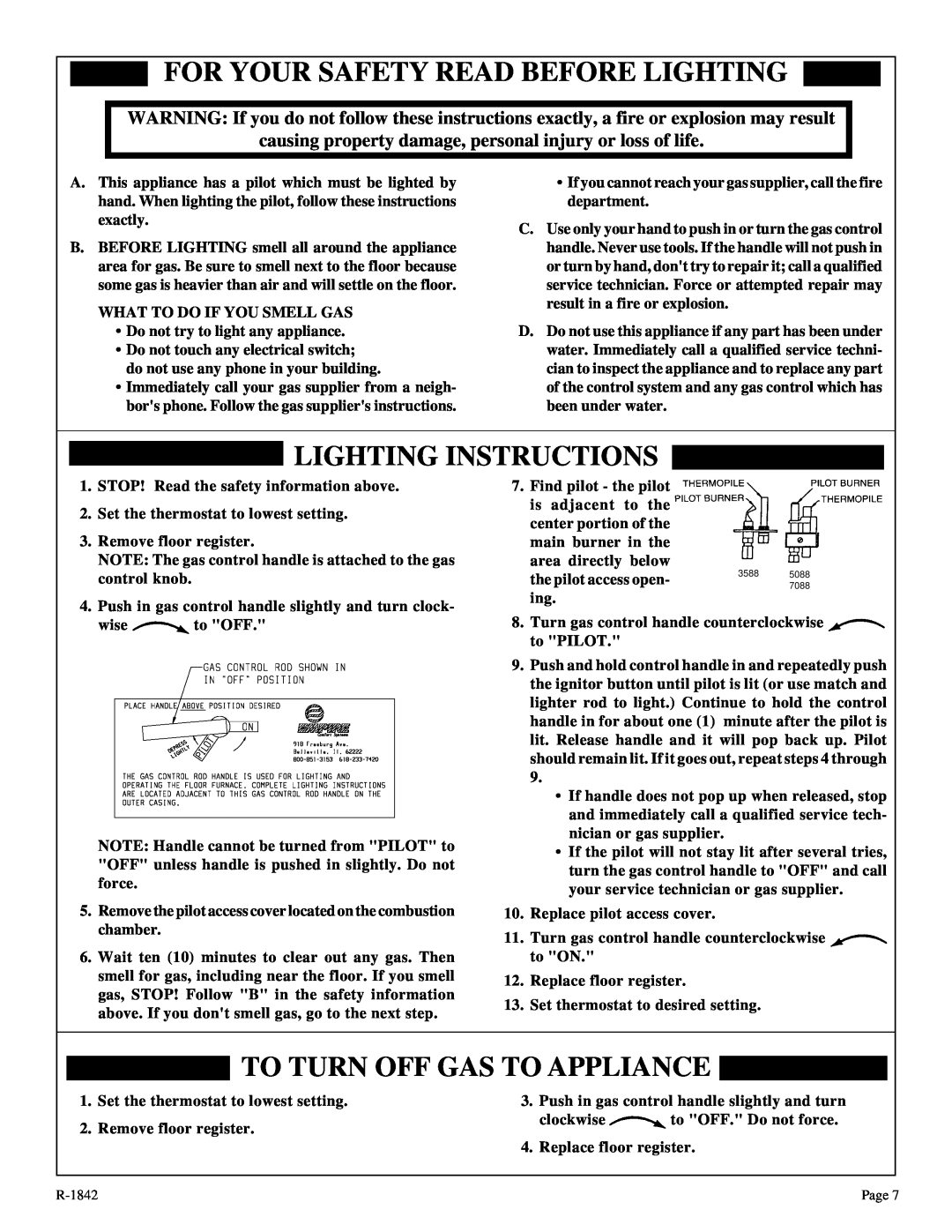 Empire Comfort Systems 7088-3 For Your Safety Read Before Lighting, Lighting Instructions, To Turn Off Gas To Appliance 