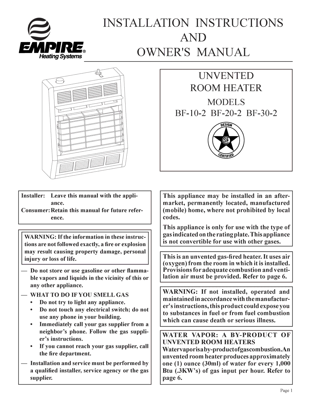 Empire Comfort Systems BF-20-2, BF-30-2, BF-10-2 installation instructions Installation Instructions 