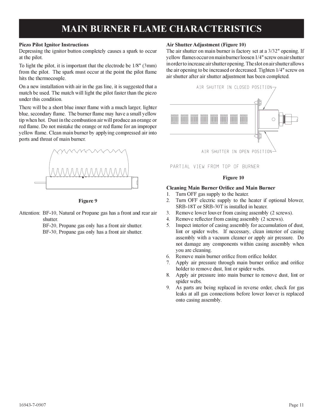 Empire Comfort Systems BF-10-2, BF-30-2, BF-20-2 Main Burner Flame Characteristics, Piezo Pilot Ignitor Instructions 