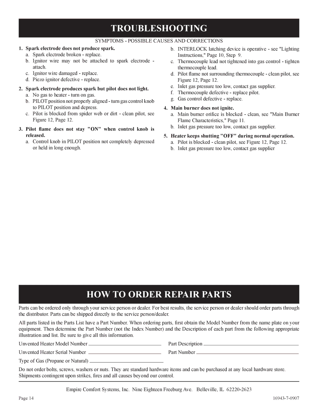 Empire Comfort Systems BF-10-2, BF-30-2, BF-20-2 installation instructions Troubleshooting, HOW to Order Repair Parts 