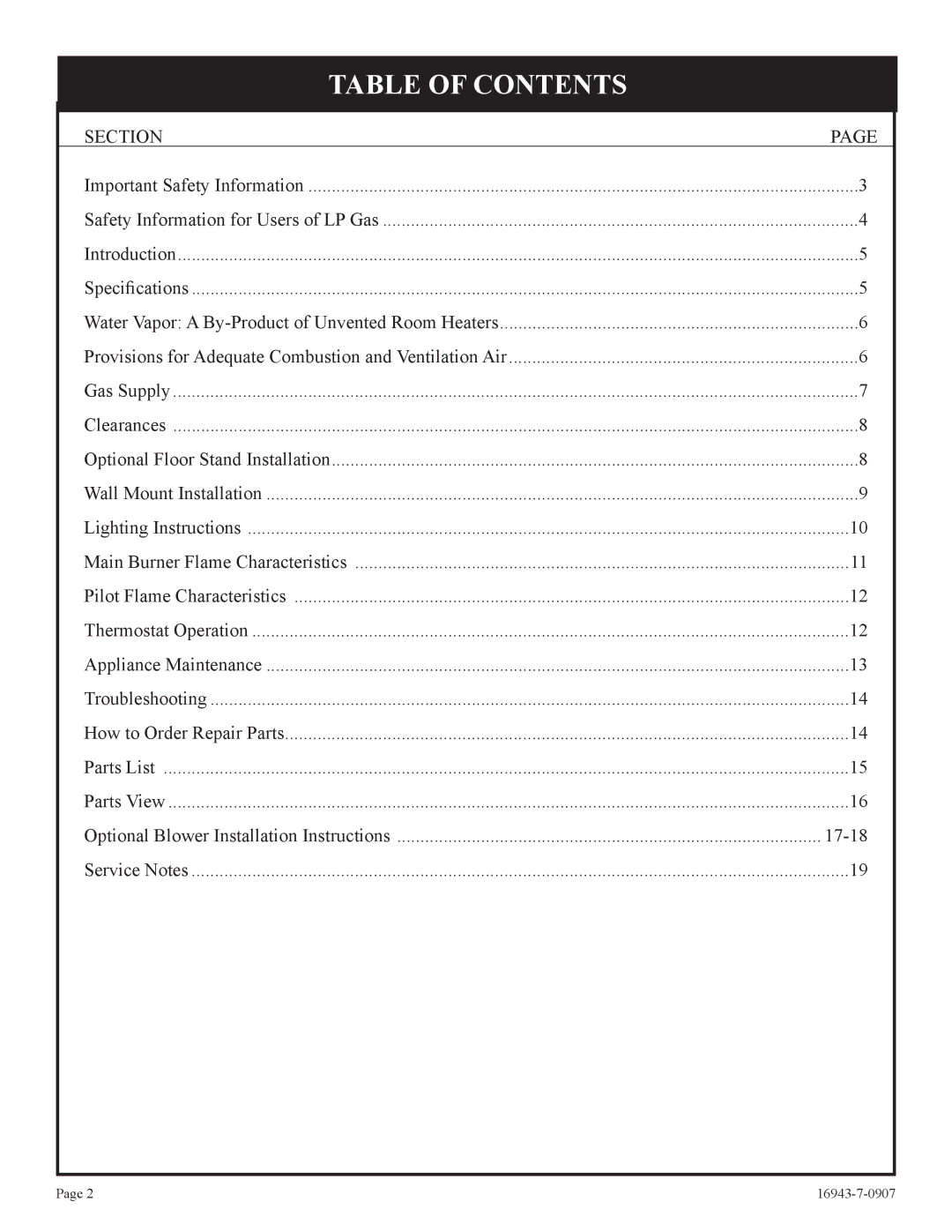 Empire Comfort Systems BF-10-2, BF-30-2, BF-20-2 installation instructions Table of Contents 