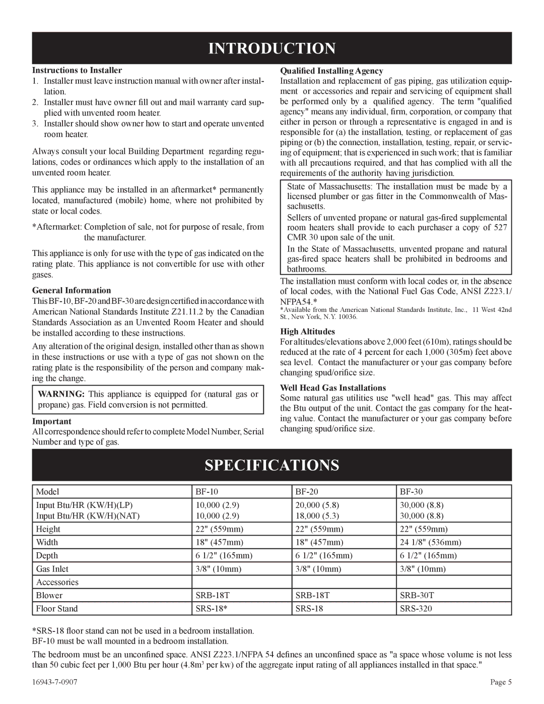 Empire Comfort Systems BF-10-2, BF-30-2, BF-20-2 installation instructions Introduction, Specifications 