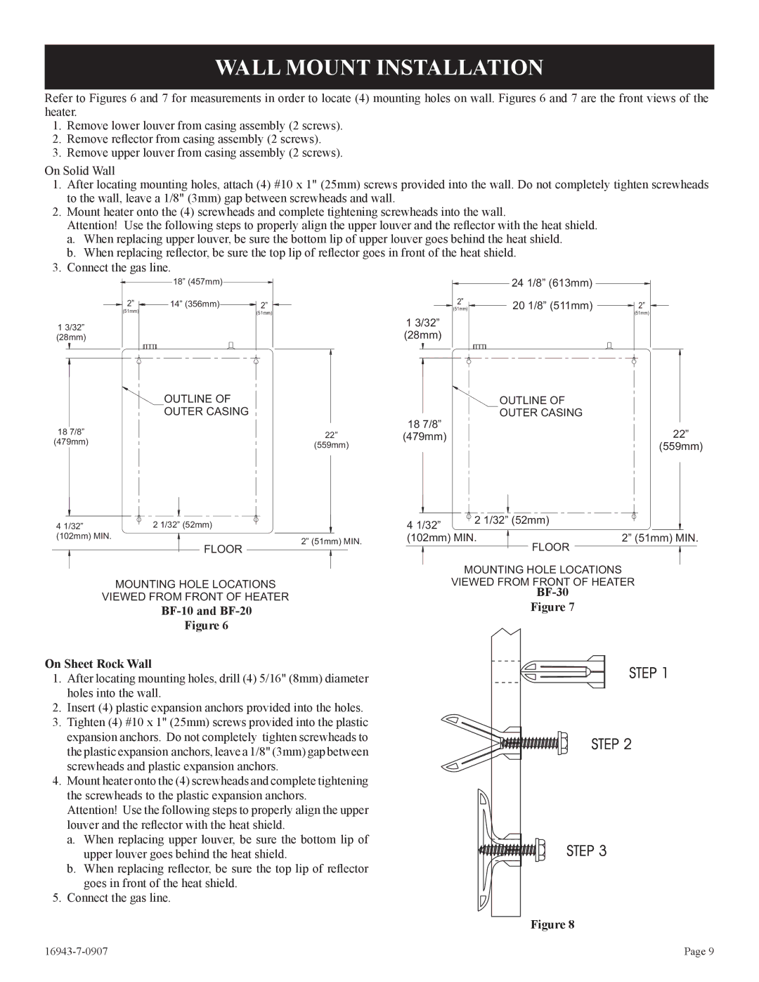 Empire Comfort Systems BF-30-2, BF-20-2, BF-10-2 Wall Mount Installation, BF-10 and BF-20 On Sheet Rock Wall 