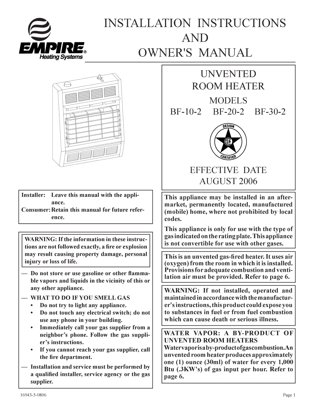 Empire Comfort Systems BF-20-2, BF-30-2, BF-10-2 installation instructions Installation Instructions 