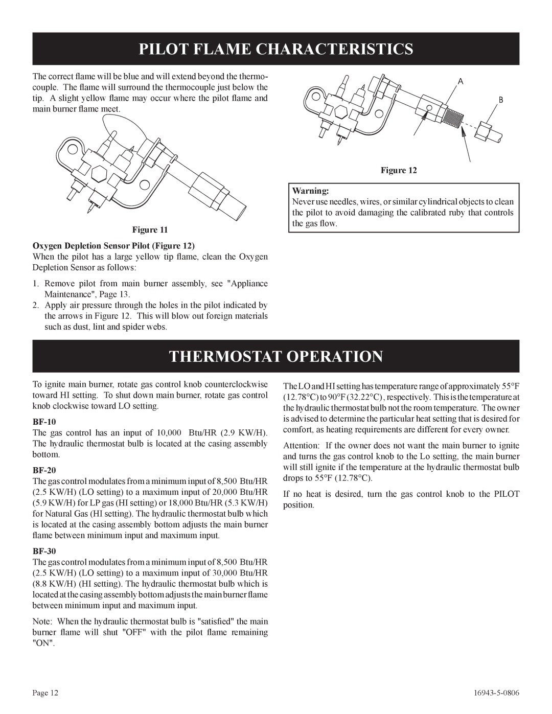 Empire Comfort Systems BF-30-2 Pilot Flame Characteristics, Thermostat Operation, Oxygen Depletion Sensor Pilot Figure 