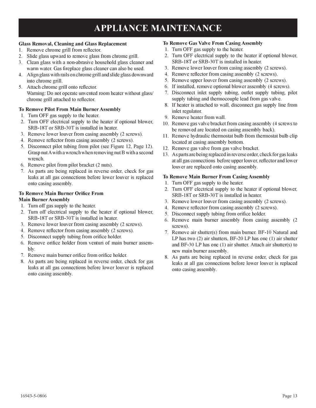 Empire Comfort Systems BF-20-2, BF-30-2, BF-10-2 installation instructions Appliance Maintenance 