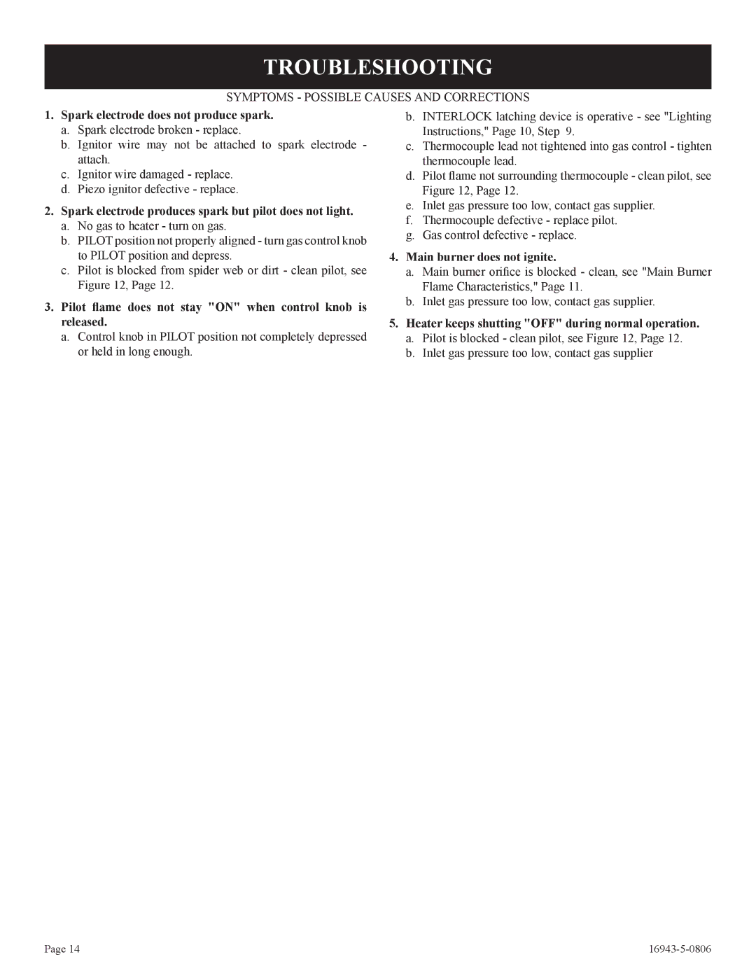 Empire Comfort Systems BF-10-2, BF-30-2, BF-20-2 installation instructions Troubleshooting 