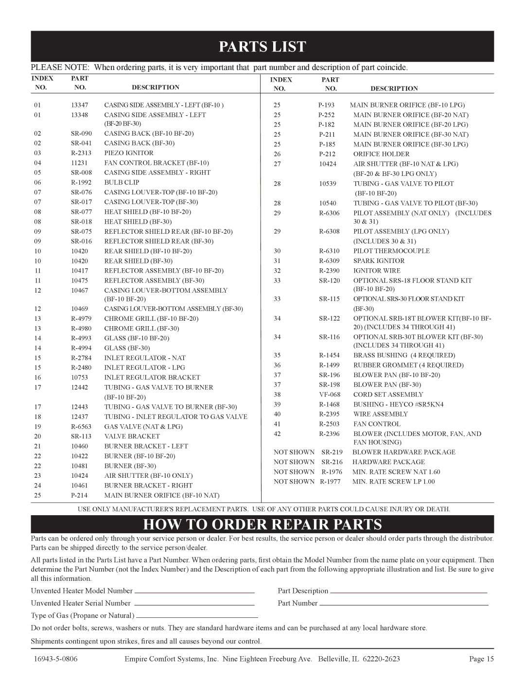 Empire Comfort Systems BF-30-2, BF-20-2, BF-10-2 installation instructions Parts List, HOW to Order Repair Parts 