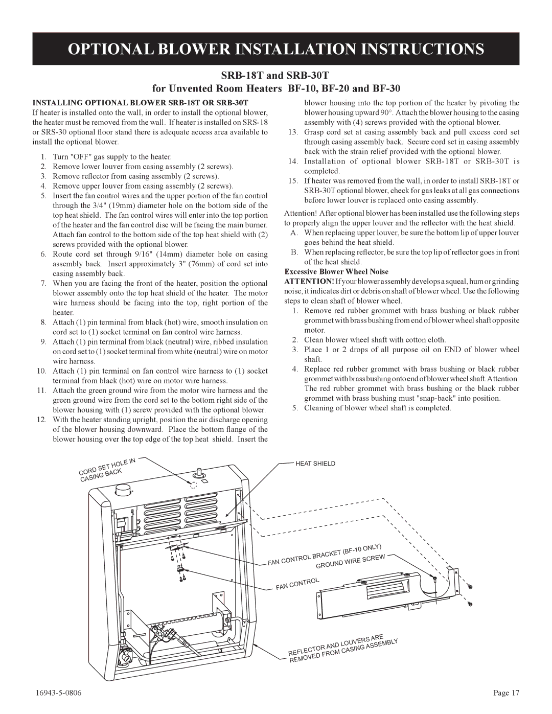 Empire Comfort Systems BF-10-2 Optional Blower Installation Instructions, Installing Optional Blower SRB-18T or SRB-30T 