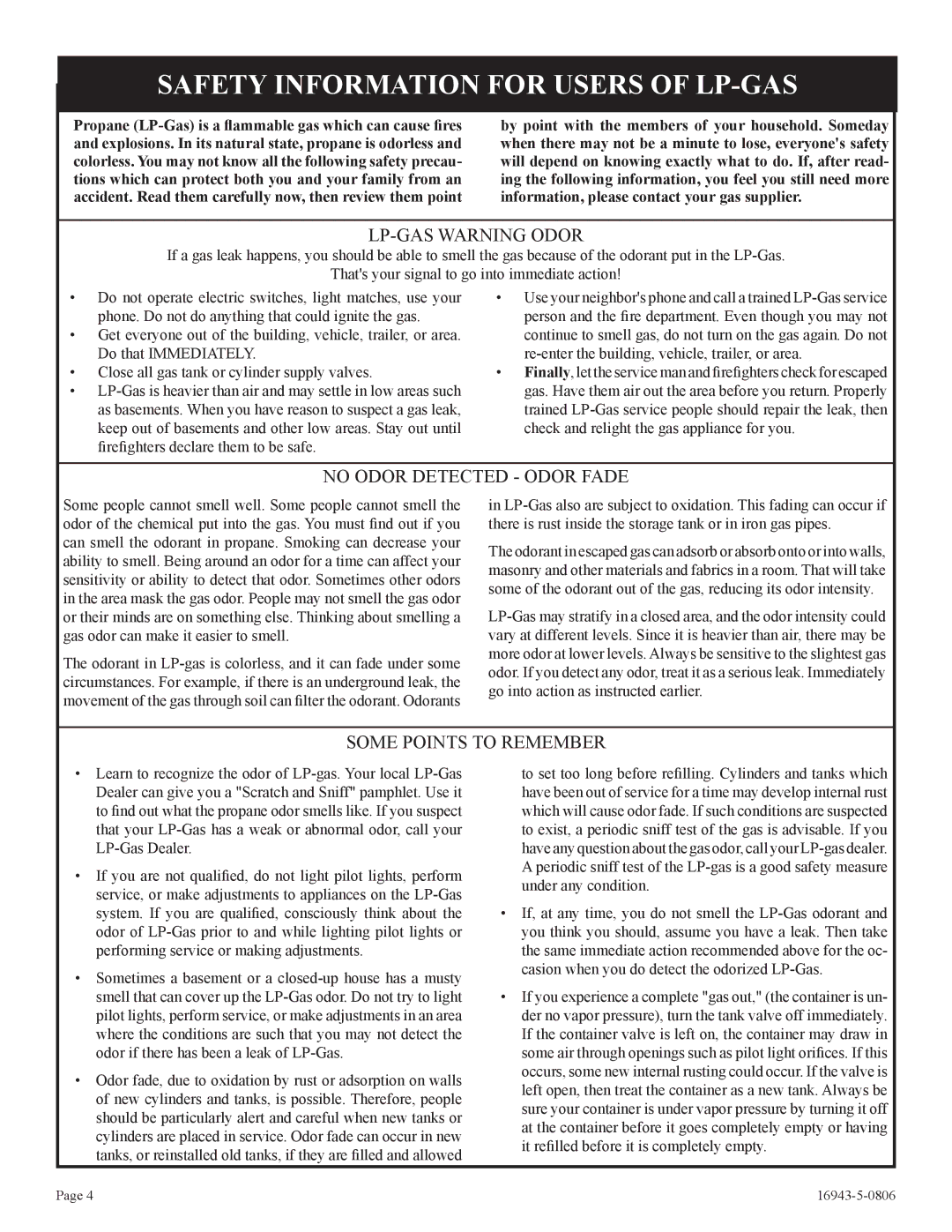 Empire Comfort Systems BF-20-2, BF-30-2, BF-10-2 Safety Information for Users of LP-GAS, LP-GAS Warning Odor 