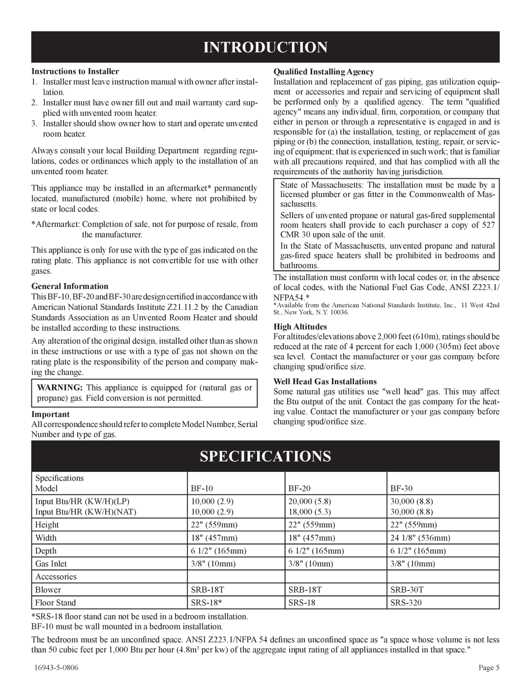 Empire Comfort Systems BF-10-2, BF-30-2, BF-20-2 installation instructions Introduction, Specifications 