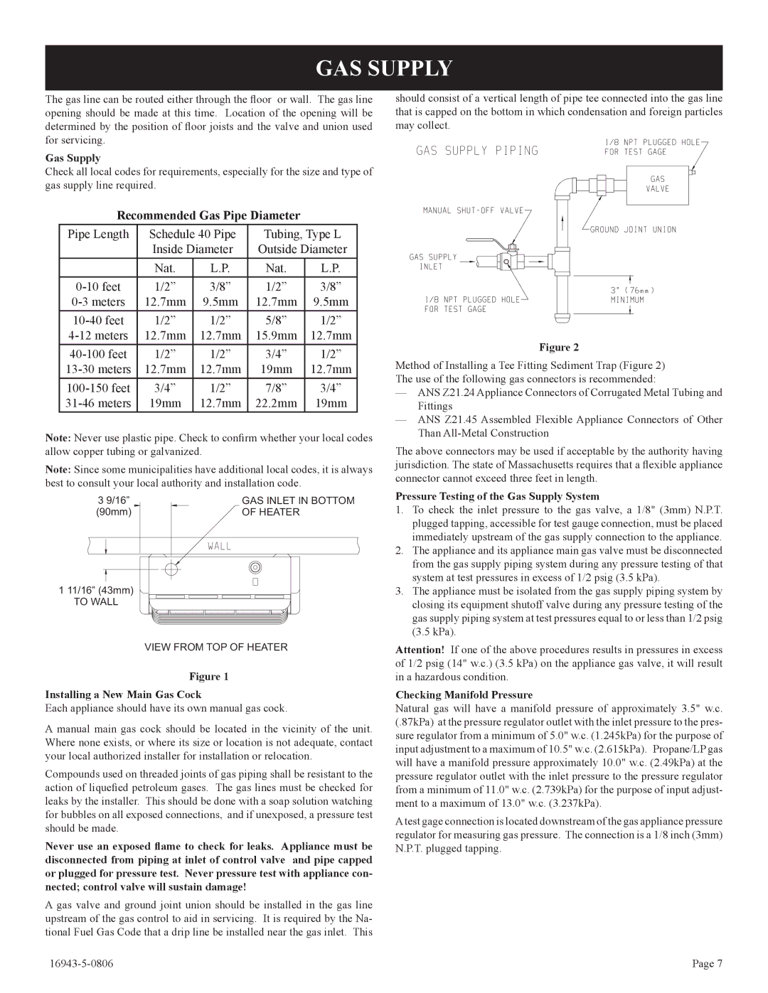 Empire Comfort Systems BF-20-2, BF-30-2, BF-10-2 installation instructions GAS Supply, Recommended Gas Pipe Diameter 