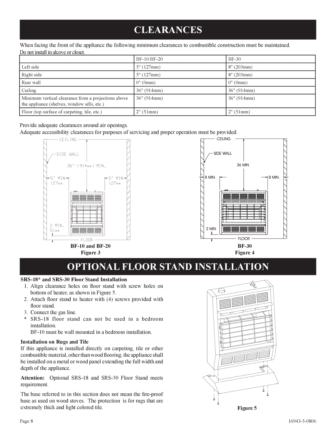 Empire Comfort Systems BF-10-2, BF-30-2, BF-20-2 Clearances, Optional Floor Stand Installation, BF-10 and BF-20 BF-30 