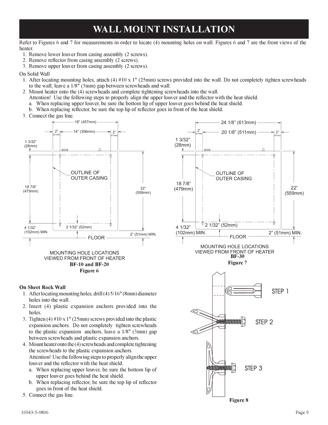 Empire Comfort Systems BF-30-2, BF-20-2, BF-10-2 Wall Mount Installation, BF-10 and BF-20 On Sheet Rock Wall 