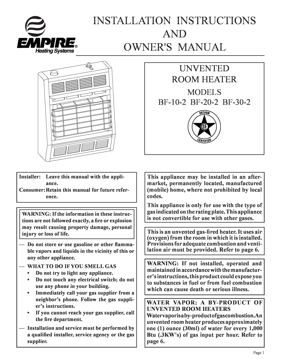 Empire Comfort Systems installation instructions MODELS BF-10-2 BF-20-2 BF-30-2, Unvented Room Heater 