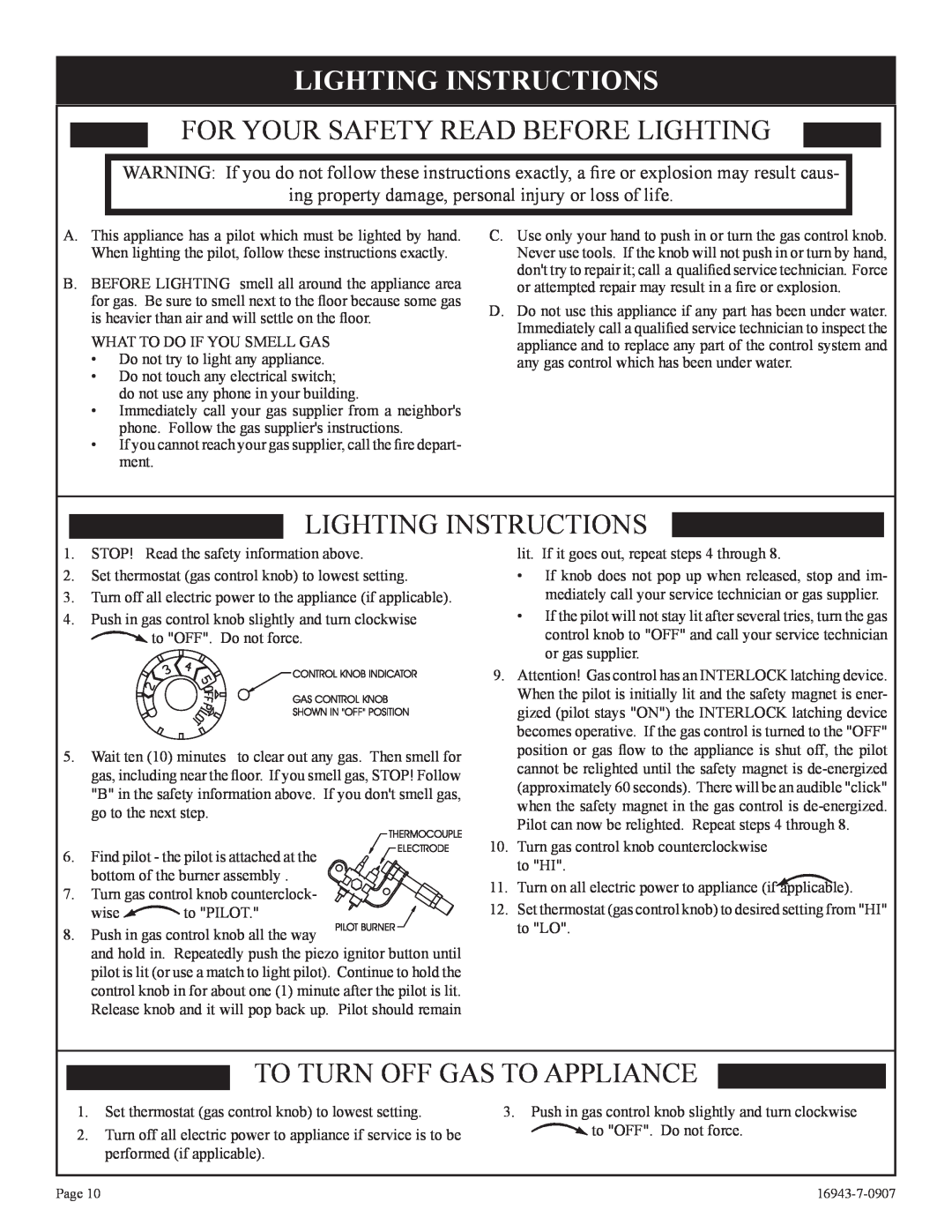 Empire Comfort Systems BF-20-2 Lighting Instructions, For Your Safety Read Before Lighting, To Turn Off Gas To Appliance 