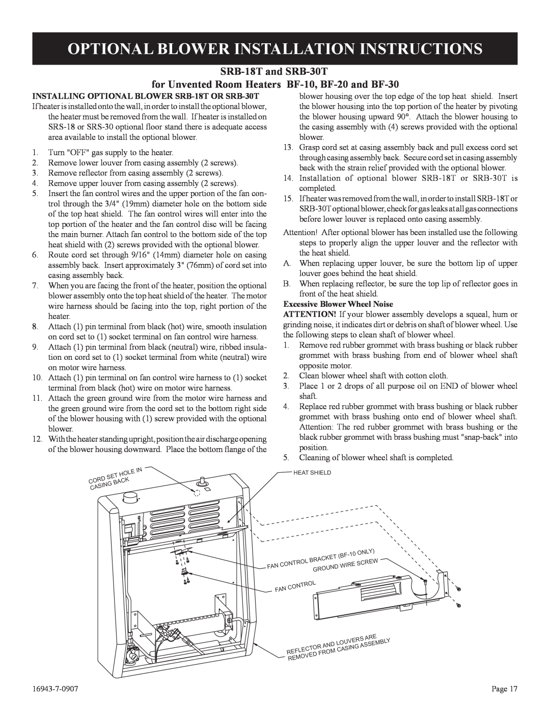Empire Comfort Systems BF-10-2 Optional Blower Installation Instructions, SRB-18Tand SRB-30T, Excessive Blower Wheel Noise 