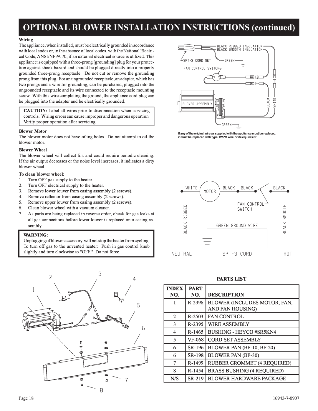 Empire Comfort Systems BF-30-2, BF-20-2, BF-10-2 installation instructions Parts List, Index, Description 