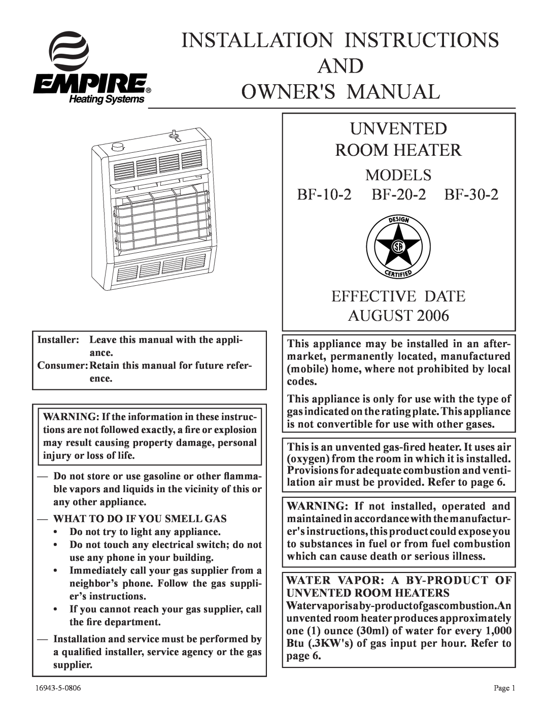 Empire Comfort Systems installation instructions MODELS BF-10-2 BF-20-2 BF-30-2, Unvented Room Heater 