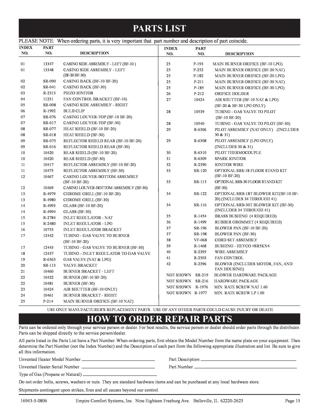 Empire Comfort Systems BF-30-2, BF-20-2, BF-10-2 installation instructions Parts List, How To Order Repair Parts 