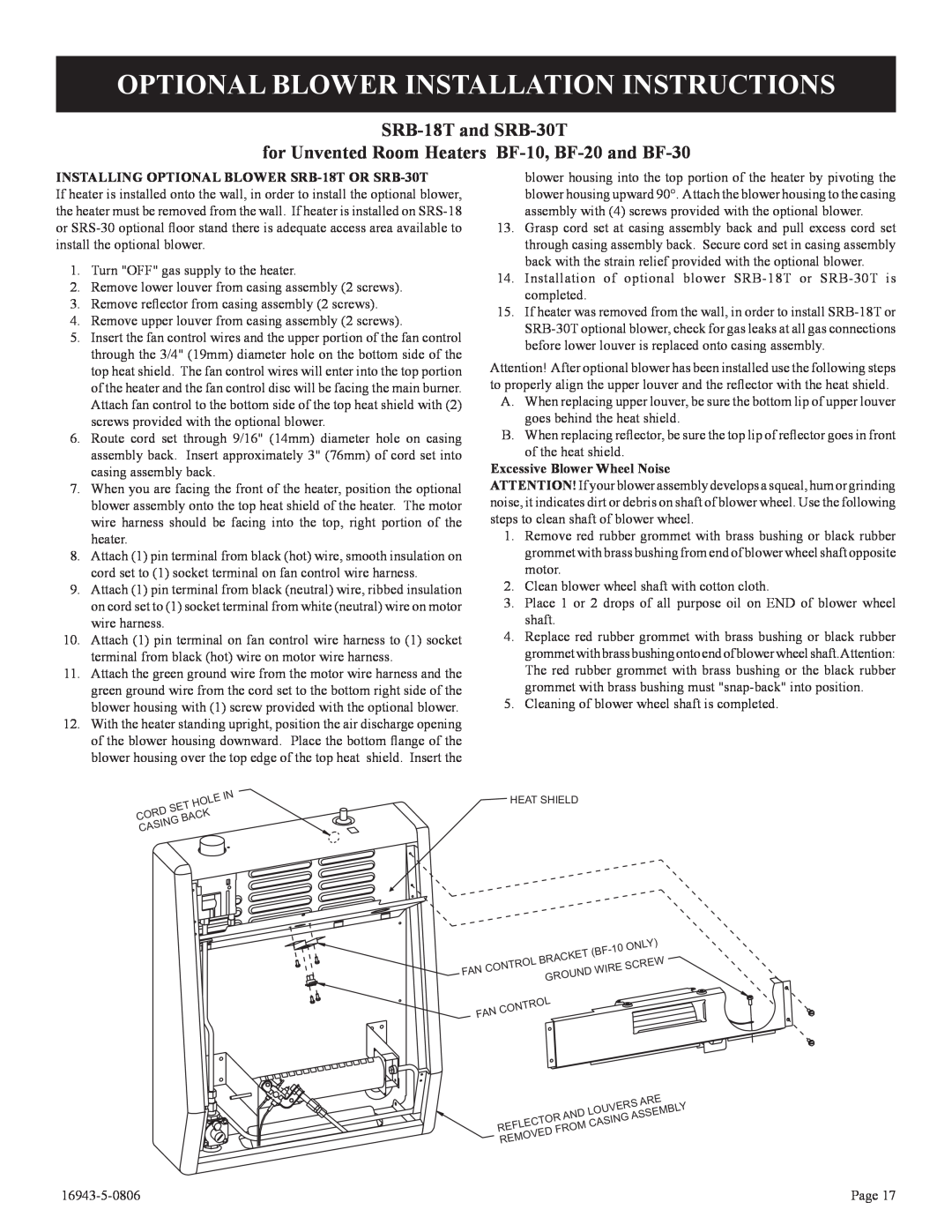 Empire Comfort Systems BF-10-2 Optional Blower Installation Instructions, SRB-18Tand SRB-30T, Excessive Blower Wheel Noise 